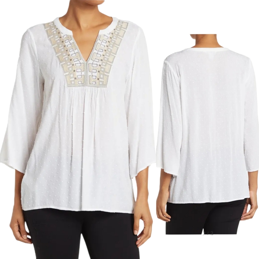 Tommy Bahama Ethnic Embroidered V Neck 3/4 Sleeve Sheer Tunic Blouse M